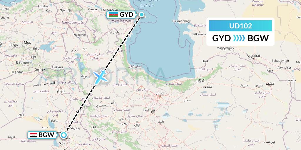 UD102 UR Airlines Flight Map: Baku to Baghdad