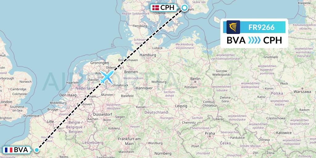 FR9266 Ryanair Flight Map: Paris to Copenhagen