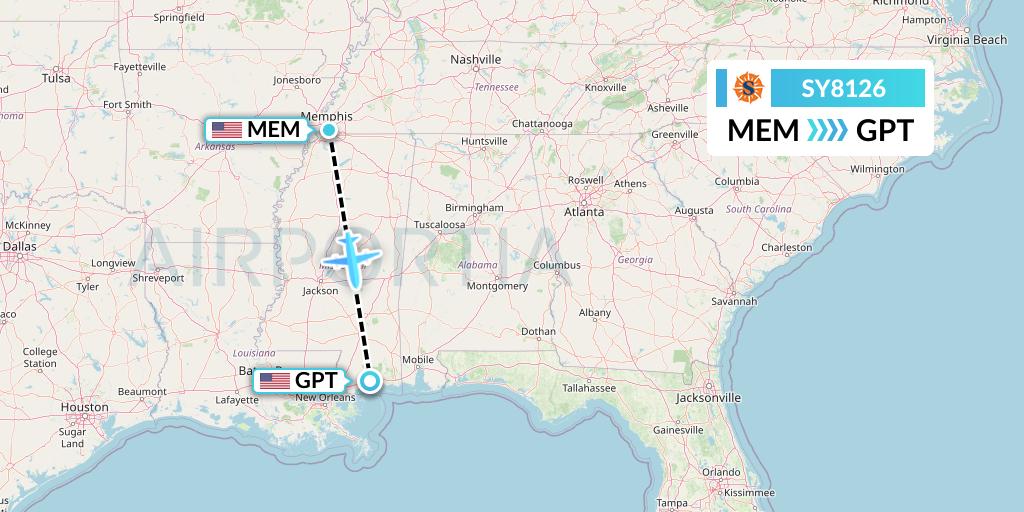 SY8126 Sun Country Airlines Flight Map: Memphis to Gulfport