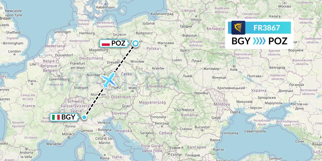 FR3867 Ryanair Flight Map: Milan to Poznan