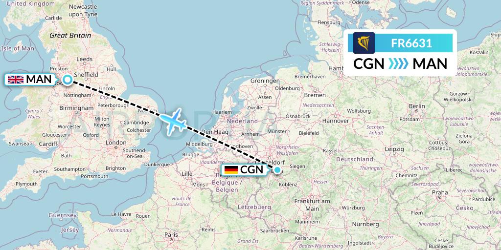 FR6631 Ryanair Flight Map: Cologne to Manchester