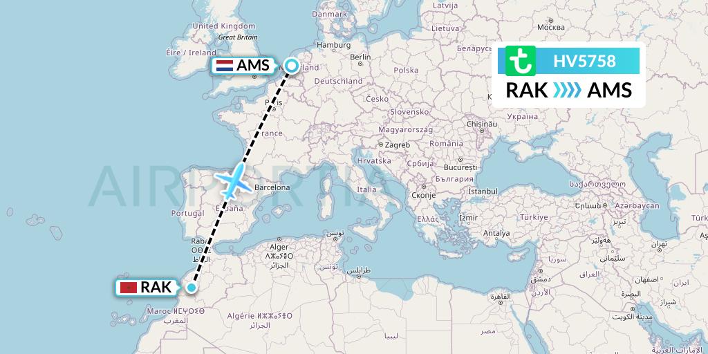 HV5758 Transavia Flight Map: Marrakesh to Amsterdam