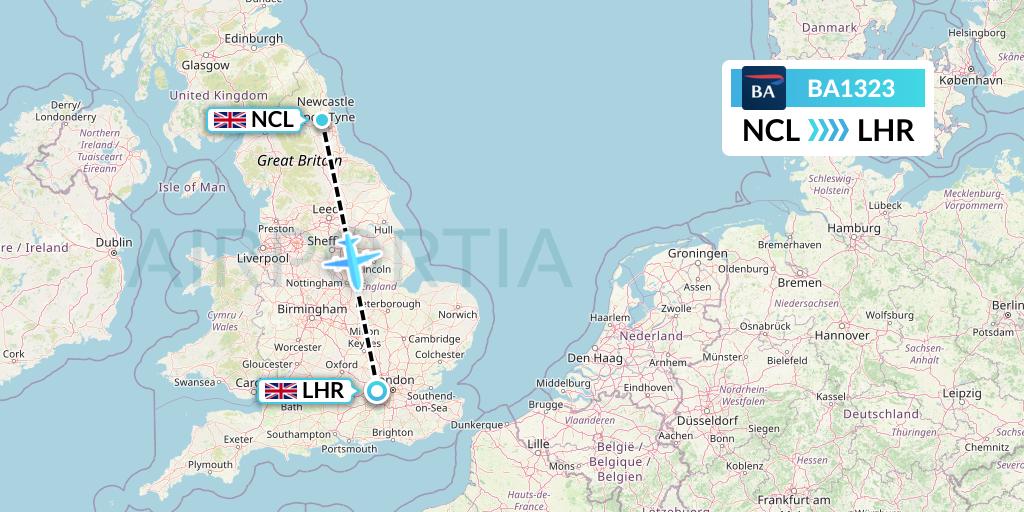 BA1323 British Airways Flight Map: Newcastle to London