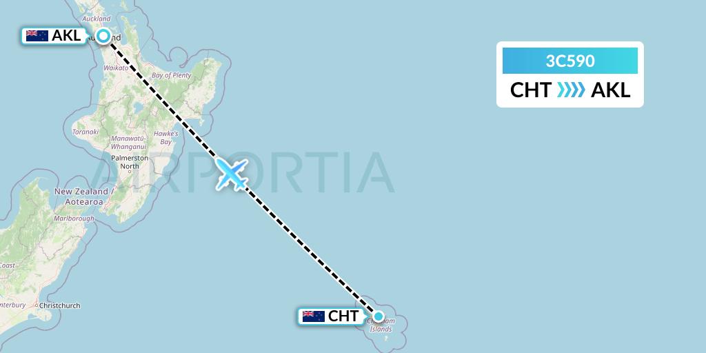 3C590 Air Chathams Flight Map: Waitangi to Auckland