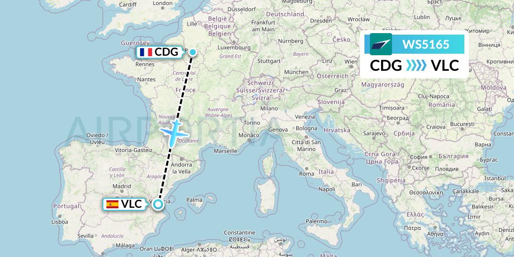 WS5165 WestJet Flight Map: Paris to Valencia