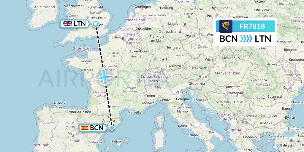 FR7818 Ryanair Flight Map: Barcelona to London