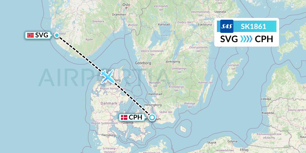 SK1861 SAS Flight Map: Stavanger to Copenhagen