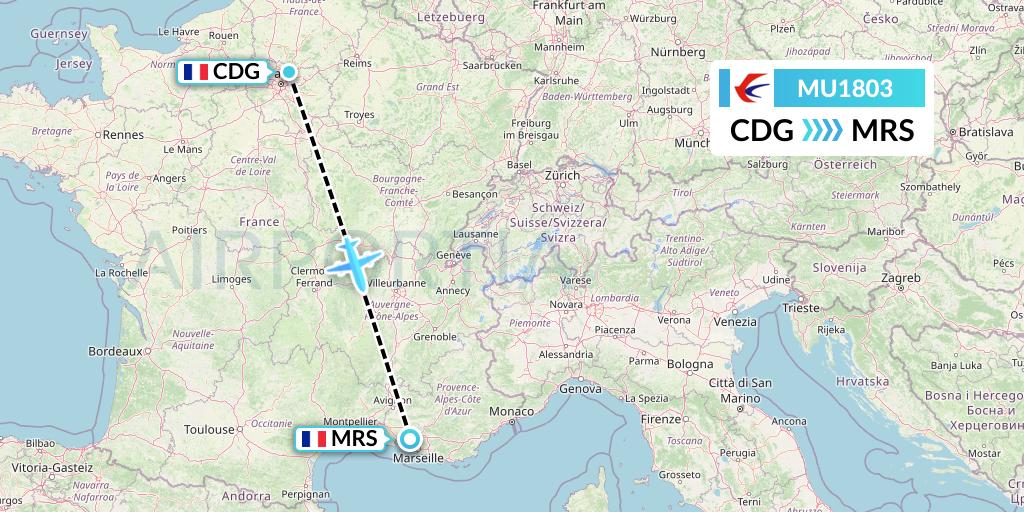 MU1803 China Eastern Airlines Flight Map: Paris to Marseille