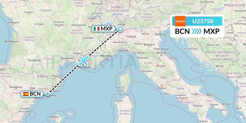 U23758 EasyJet Flight Map: Barcelona to Milan