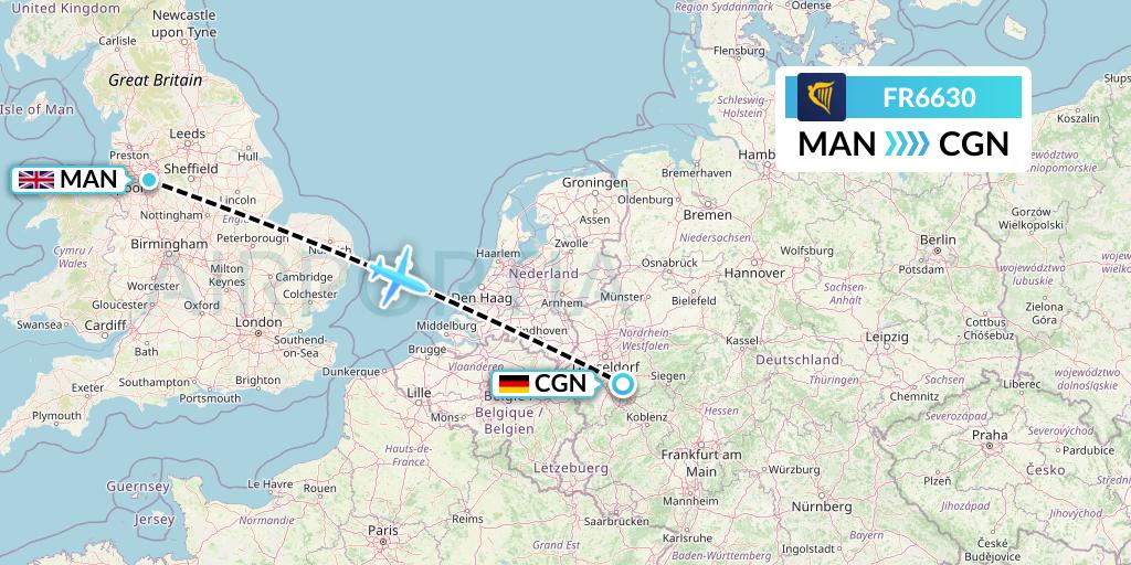 FR6630 Ryanair Flight Map: Manchester to Cologne