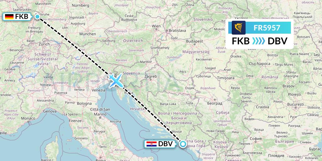 FR5957 Ryanair Flight Map: Karlsruhe/Baden-Baden to Dubrovnik