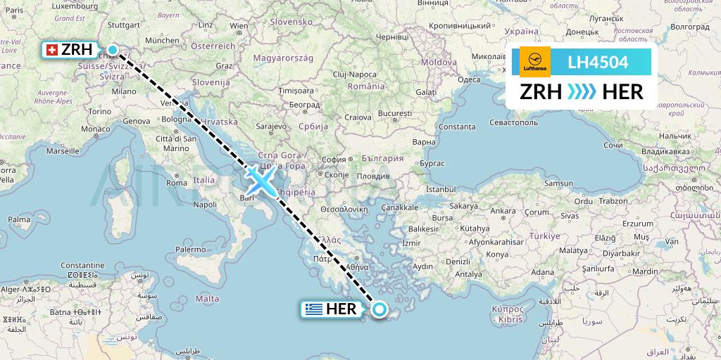LH4504 Lufthansa Flight Map: Zurich to Heraklion