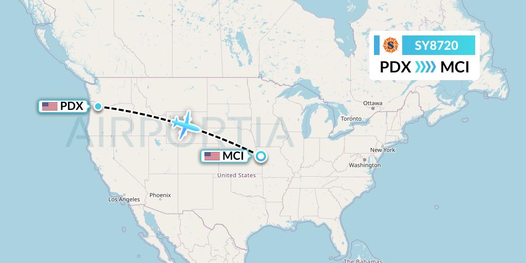SY8720 Sun Country Airlines Flight Map: Portland to Kansas City
