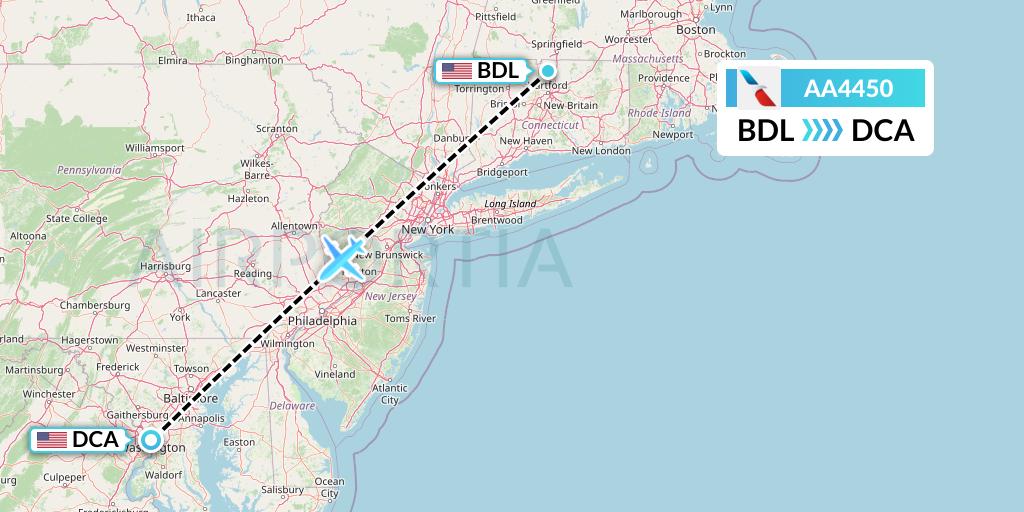AA4450 American Airlines Flight Map: Windsor Locks to Washington