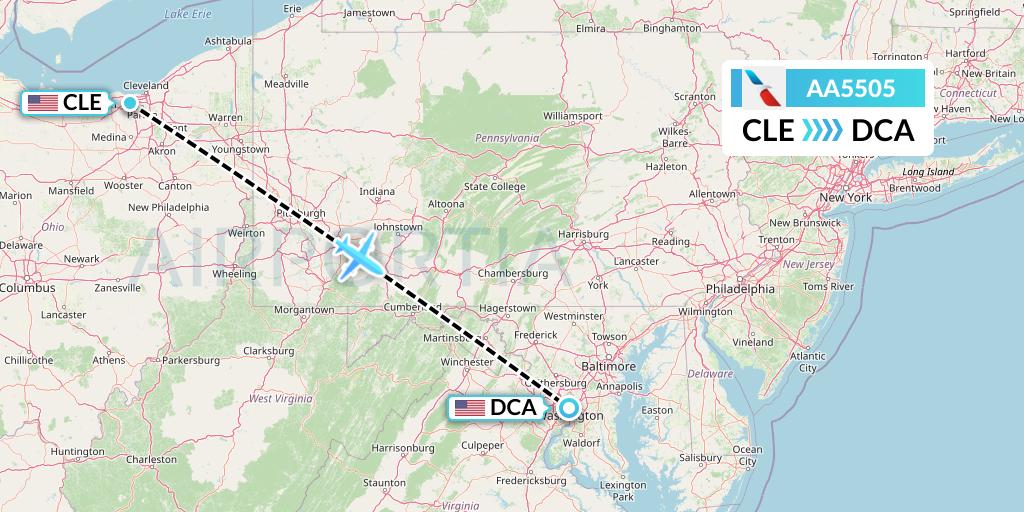 AA5505 American Airlines Flight Map: Cleveland to Washington