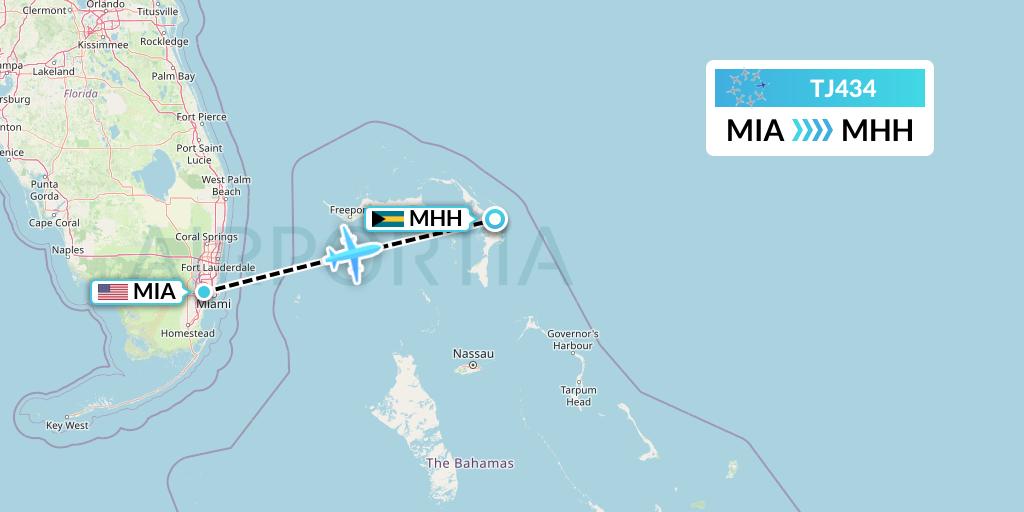 TJ434 Tradewind Aviation Flight Map: Miami to Marsh Harbour