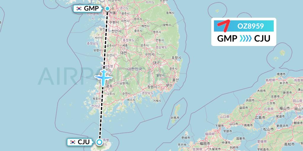 OZ8959 Asiana Airlines Flight Map: Seoul to Jeju