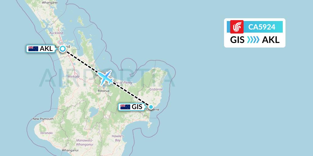CA5924 Air China Flight Map: Gisborne to Auckland