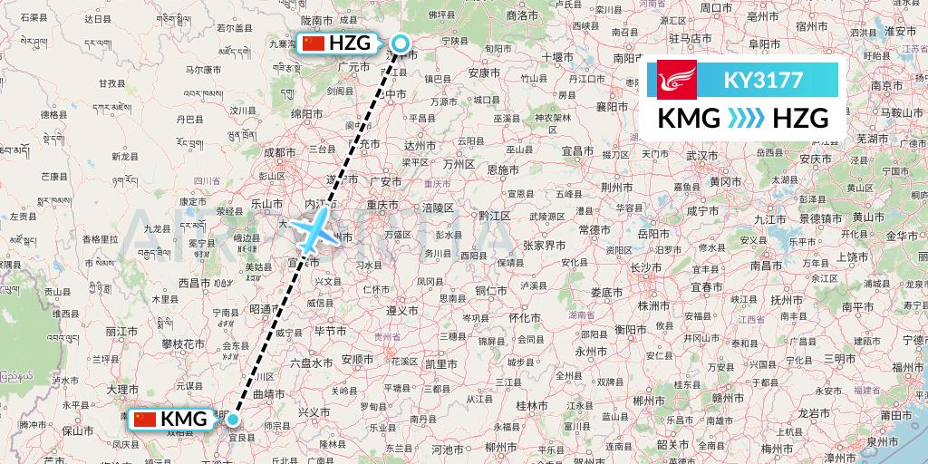KY3177 Kunming Airlines Flight Map: Kunming to Hanzhong