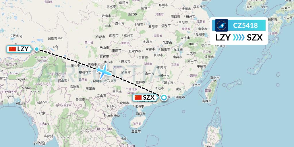 CZ5418 China Southern Airlines Flight Map: Nyingchi to Shenzhen