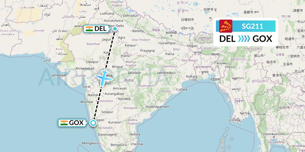 SG211 SpiceJet Flight Map: Delhi to Goa