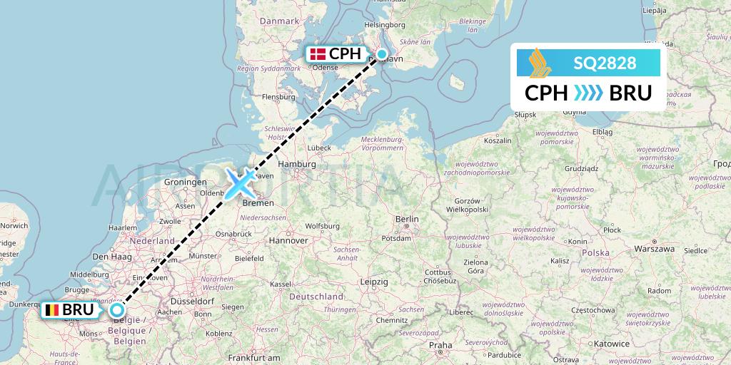 SQ2828 Singapore Airlines Flight Map: Copenhagen to Brussels