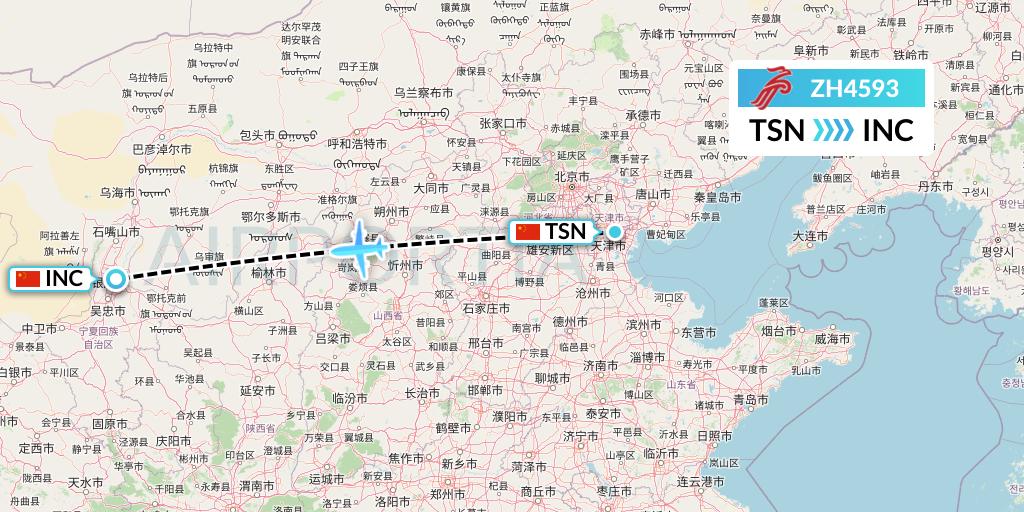 ZH4593 Shenzhen Airlines Flight Map: Tianjin to Yinchuan