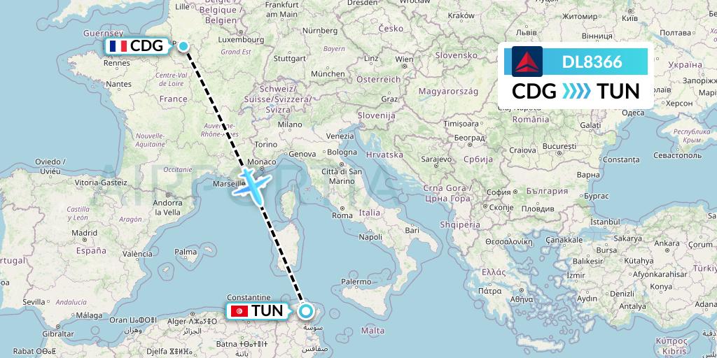 DL8366 Delta Air Lines Flight Map: Paris to Tunis