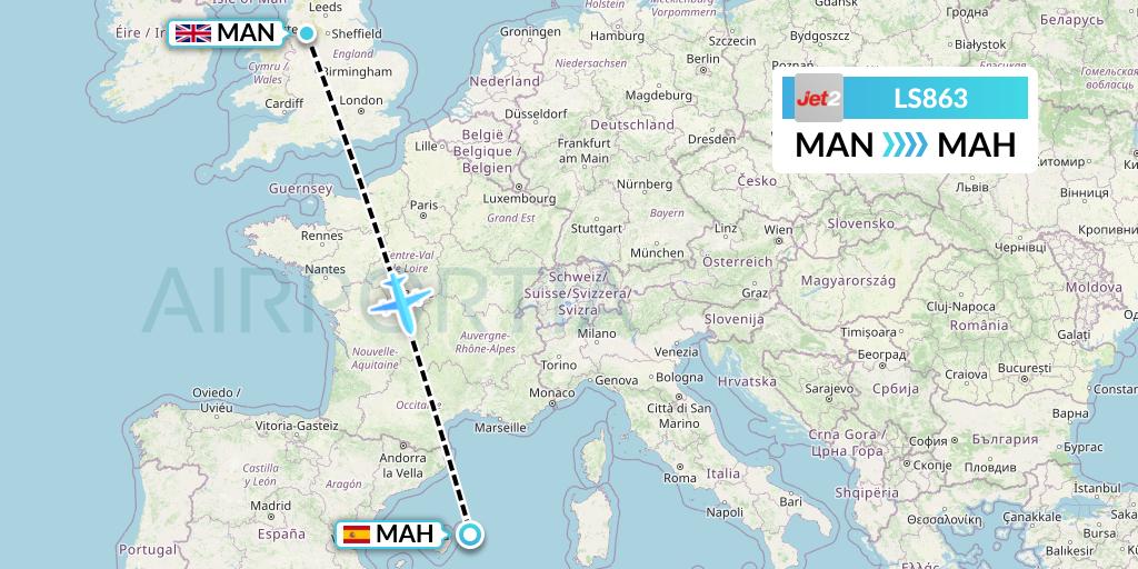 LS863 Jet2 Flight Map: Manchester to Mahon
