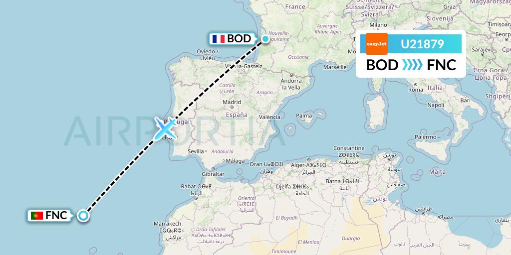 U21879 EasyJet Flight Map: Bordeaux to Funchal