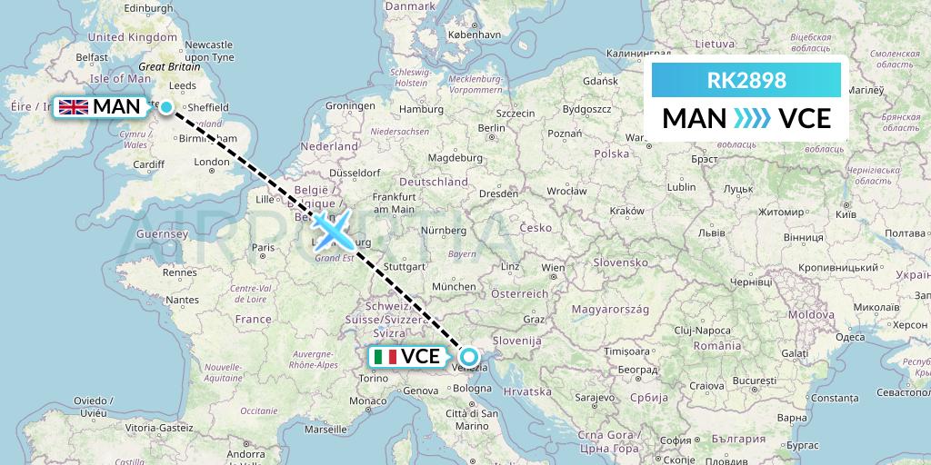 RK2898 Ryanair UK Flight Map: Manchester to Venice