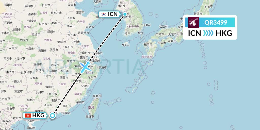 QR3499 Qatar Airways Flight Map: Seoul to Hong Kong