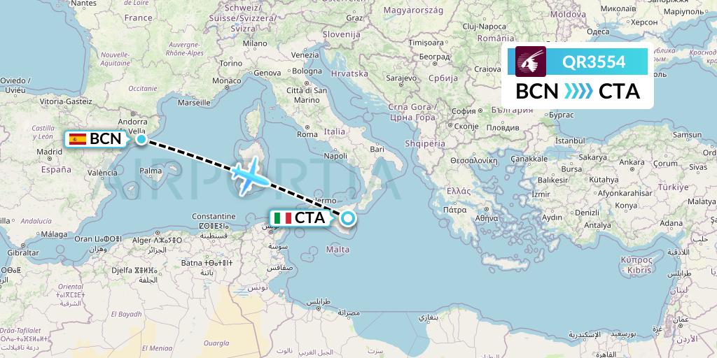 QR3554 Qatar Airways Flight Map: Barcelona to Catania