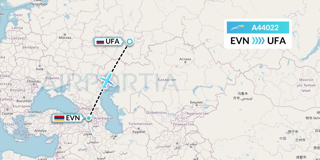 A44022 Azimuth Airlines Flight Map: Yerevan to Ufa