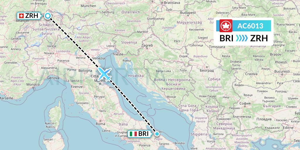 AC6013 Air Canada Flight Map: Bari to Zurich