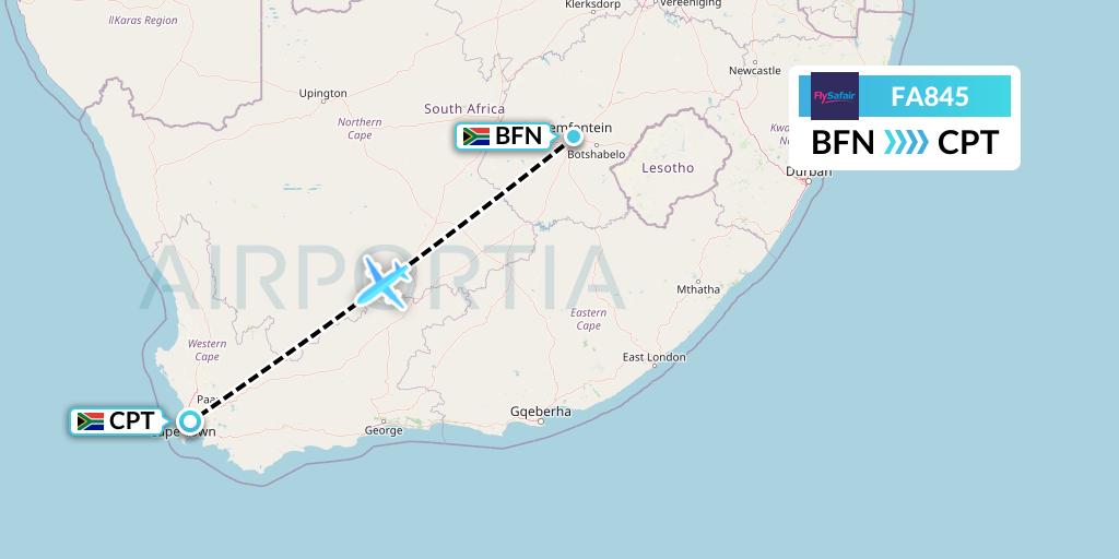 FA845 Safair Flight Map: Bloemfontein to Cape Town
