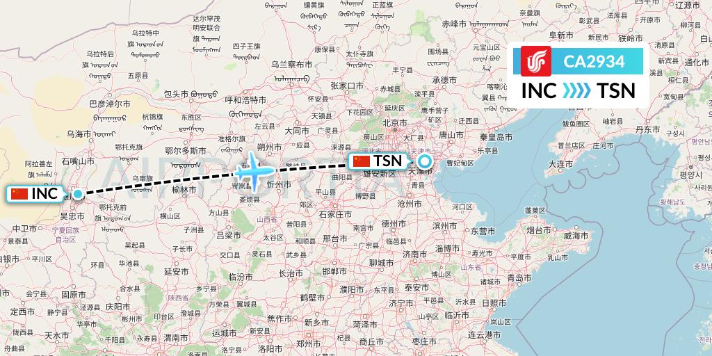 CA2934 Air China Flight Map: Yinchuan to Tianjin