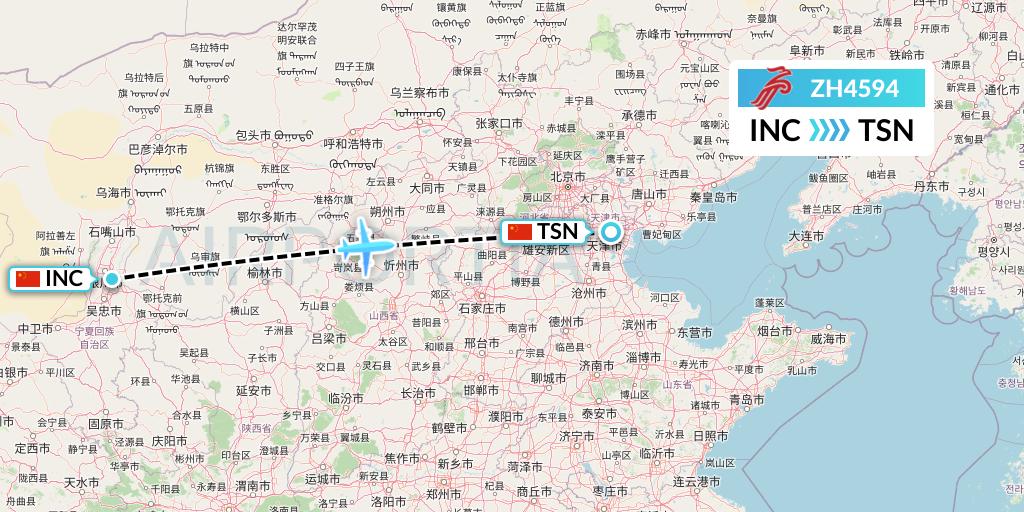ZH4594 Shenzhen Airlines Flight Map: Yinchuan to Tianjin