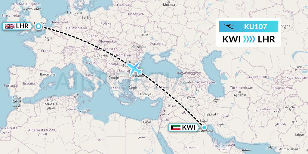 KU107 Kuwait Airways Flight Map: Kuwait City to London