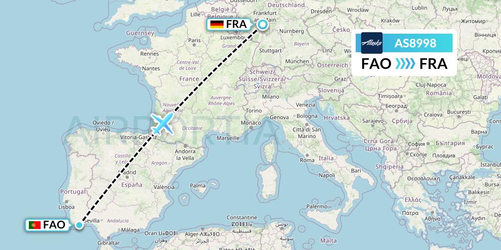 AS8998 Alaska Airlines Flight Map: Faro to Frankfurt