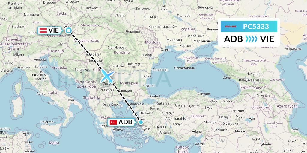 PC5333 Pegasus Airlines Flight Map: Izmir to Vienna