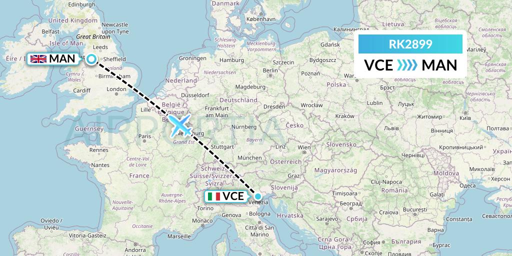 RK2899 Ryanair UK Flight Map: Venice to Manchester