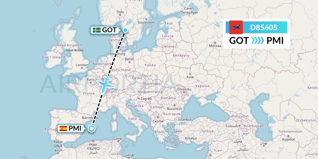 D85605 Norwegian Air International Flight Map: Gothenburg to Palma de Mallorca