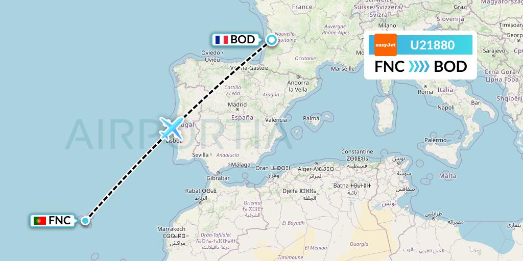 U21880 EasyJet Flight Map: Funchal to Bordeaux