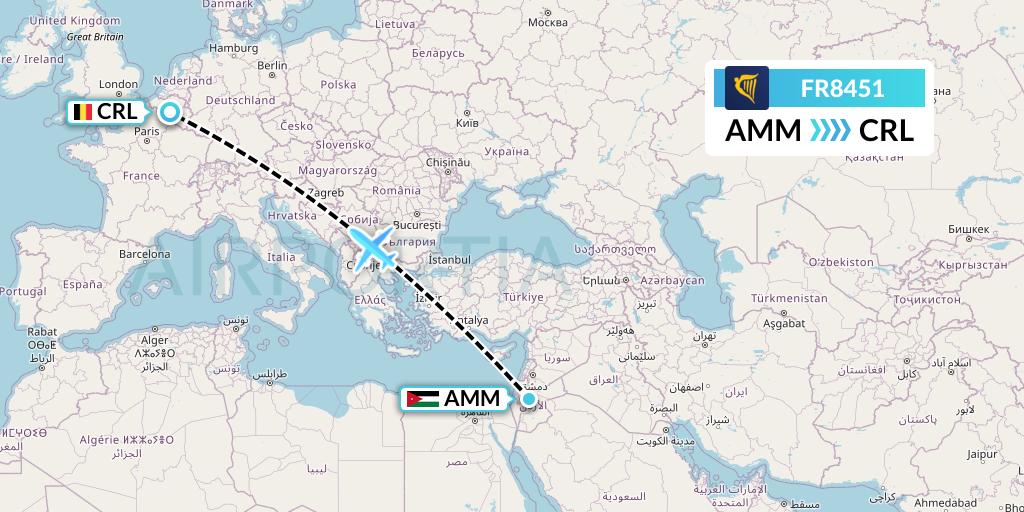 FR8451 Ryanair Flight Map: Amman to Brussels