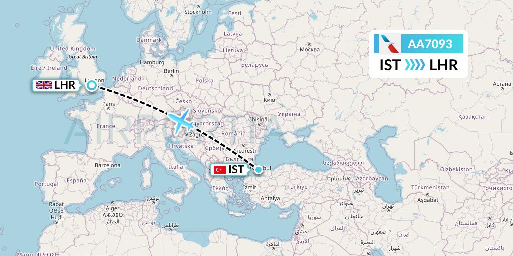 AA7093 American Airlines Flight Map: Istanbul to London