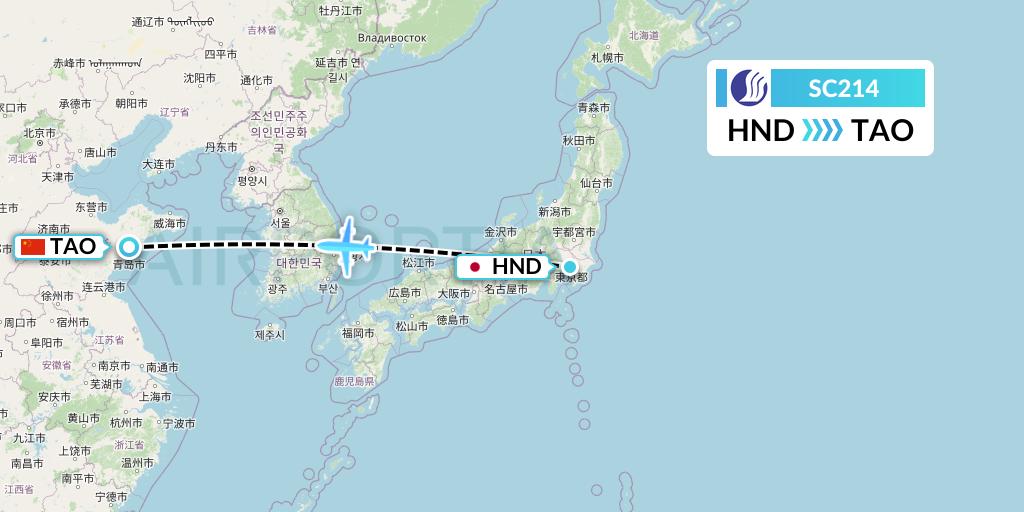 SC214 Shandong Airlines Flight Map: Tokyo to Qingdao