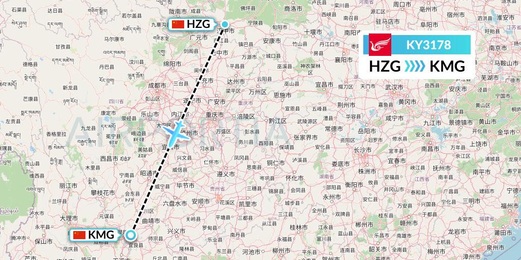 KY3178 Kunming Airlines Flight Map: Hanzhong to Kunming