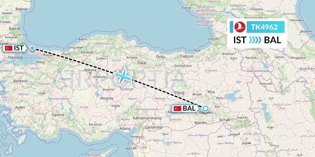 TK4962 Turkish Airlines Flight Map: Istanbul to Batman