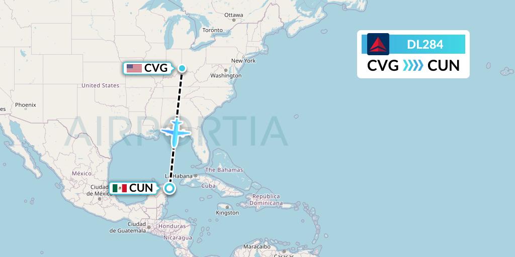 DL284 Delta Air Lines Flight Map: Cincinnati to Cancun